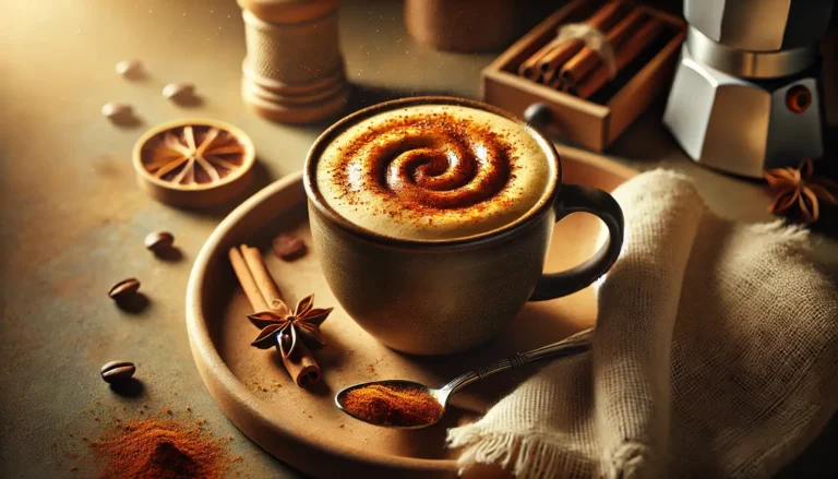 A close-up shot of a freshly brewed Coffee Loophole Recipe in a rustic mug, featuring a rich, frothy texture with a swirl of cinnamon or turmeric on top. The warm-toned setting includes cinnamon sticks, star anise, coffee beans, and a moka pot in the background, enhancing the cozy and aromatic ambiance.