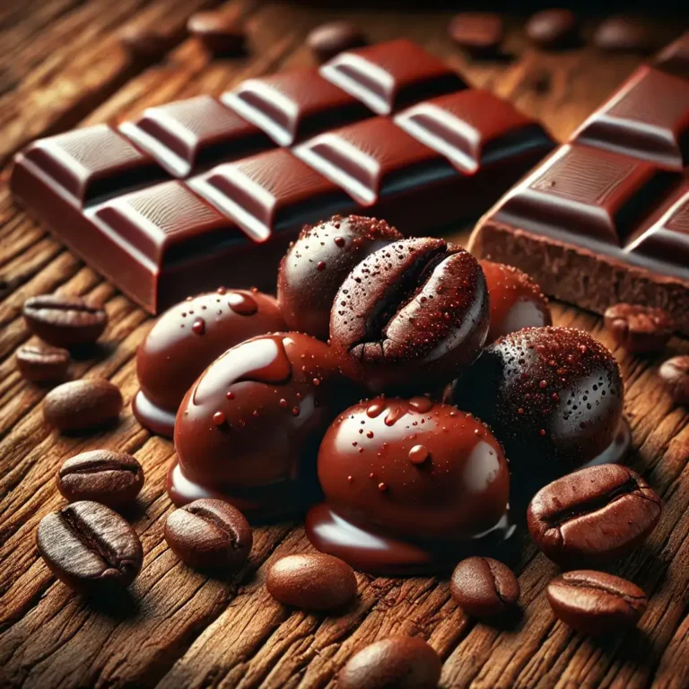 Chocolate-Covered Coffee Beans - A close-up of glossy, homemade chocolate-covered coffee beans on a rustic wooden surface, surrounded by roasted coffee beans and dark chocolate bars.