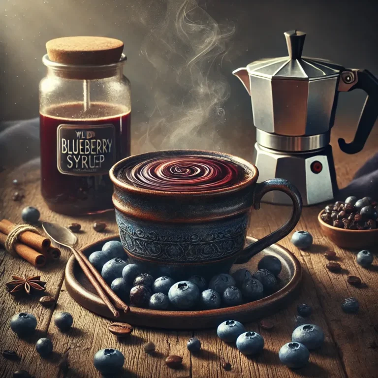 A steaming cup of wild blueberry flavor coffee in a rustic ceramic mug, surrounded by fresh blueberries, cinnamon sticks, and coffee beans on a wooden table. A jar of wild blueberry syrup and a classic moka pot sit in the background, enhancing the rich, aromatic scene.