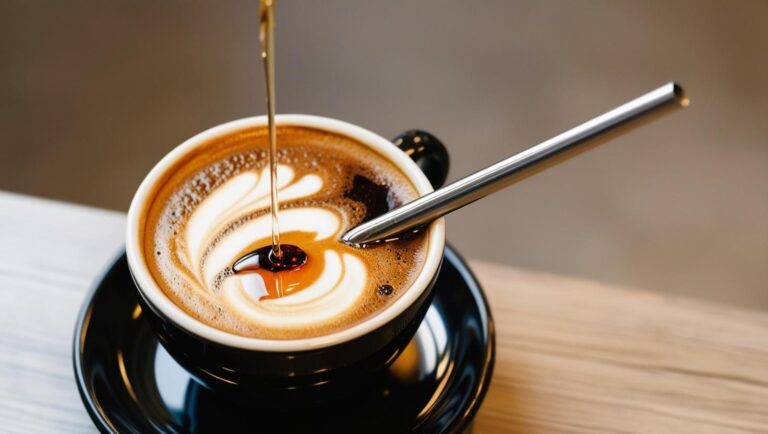 Whipped Maple Iced Coffee served in a black cup with a metal straw, topped with creamy froth and a drizzle of rich maple syrup for a sweet finish.